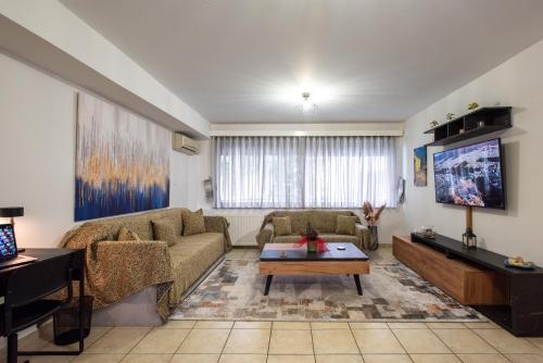 a living room with a couch and a tv at KG Acropolis Escape Spa Apartment in Athens