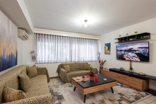 a living room with a couch and a tv at KG Acropolis Escape Spa Apartment in Athens