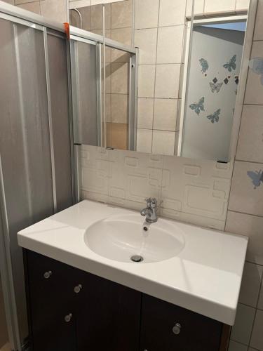 a bathroom with a white sink and a mirror at Arbeiten Zimmer in Linz
