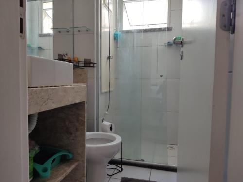 a white bathroom with a shower and a toilet at Recanto Junto a Praia in Aracaju