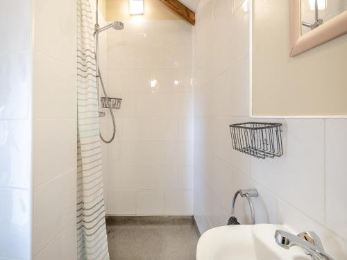 a white bathroom with a shower and a sink at Ings Barn in Thorpe Saint Peter