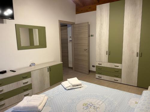 1 dormitorio con armarios verdes, 1 cama y espejo en Casa Tartaruga, en Olgiasca