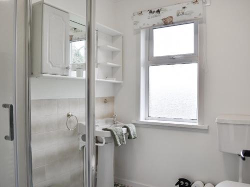 a bathroom with a shower and a sink and a window at Mains Of Asloun Two - Uk44788 in Alford