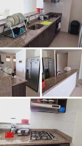 a collage of three pictures of a kitchen at apartamento 1107 in Rodadero
