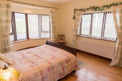 a bedroom with a bed and two windows at Spacious House in beautiful Malin Head in Keenagh