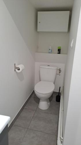 a white bathroom with a toilet and a mirror at Super studio, proche centre ville in Rochefort
