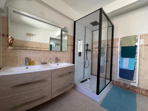 une salle de bain avec une baignoire, un lavabo et une douche dans l'établissement VILLA AU CALME AVEC PISCINE, à Moussan