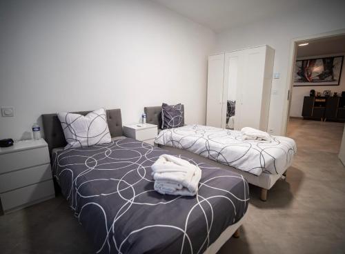 um quarto com 2 camas e toalhas em Adalia Lodge em Basse-Yutz