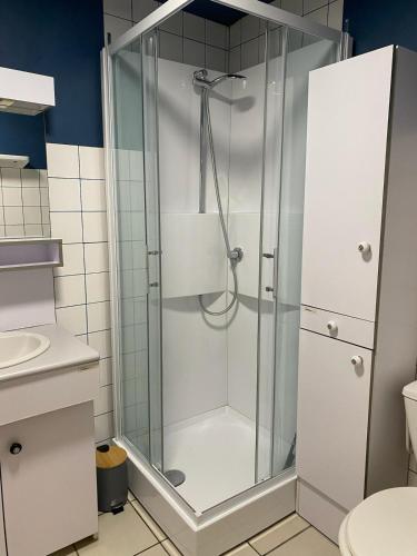 une douche avec une porte vitrée dans une salle de bain dans l'établissement Appartement F2 meublé, à Dunkerque