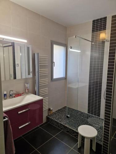 une salle de bain avec une douche, un lavabo et des toilettes dans l'établissement Appartement familial T2 vue mer, à Palavas-les-Flots
