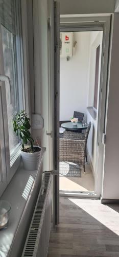 una porta aperta su un balcone con una pianta in vaso di Apartmani Iva a Banja Koviljača
