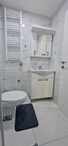 a white bathroom with a sink and a toilet at Apartmani Iva in Banja Koviljača