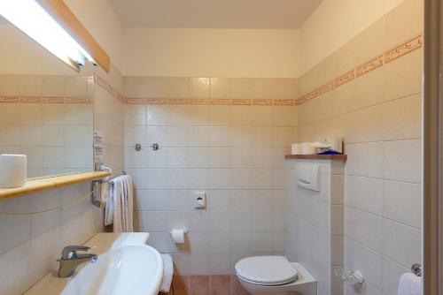 a bathroom with a white toilet and a sink at Hotel La Serenella in Moena