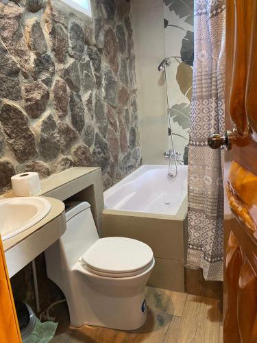 a bathroom with a toilet and a bath tub at Watzara Wasi Apart Hotel Vacacional en Cotacachi in Cotacachi