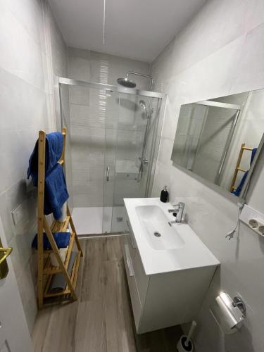 a bathroom with a shower and a sink and a mirror at Apartamento El Patio. in Setenil