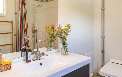 La salle de bains est pourvue d'un lavabo et d'un vase de fleurs. dans l'établissement Beautiful Home In Sparreholm With Lake View, à Sparreholm