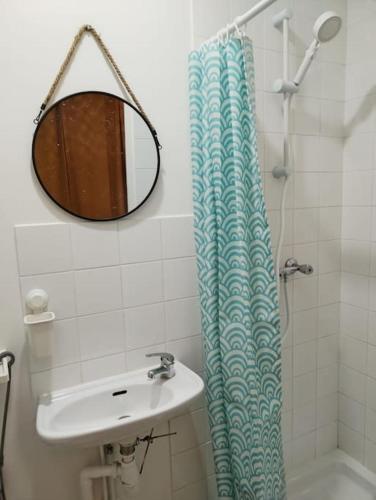 une salle de bain avec un lavabo et un rideau de douche dans l'établissement Studio Indépendant avec terrasse proche Paris, à Épinay-sur-Seine