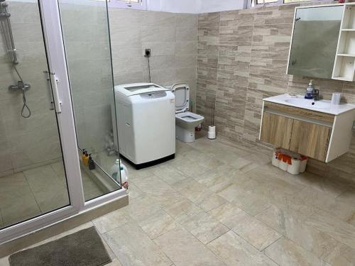 a bathroom with a shower and a toilet and a sink at Spacious Flat in Port Louis in Port Louis