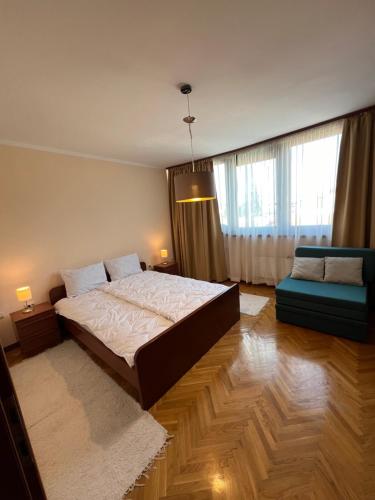 1 dormitorio con 1 cama grande y 1 sofá en Apartmani Central 12 & Free parking, en Vrnjačka Banja