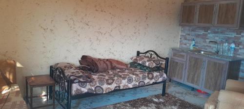 Cette chambre comprend un lit, une table et un comptoir. dans l'établissement Jerash mountain studio chalet شاليه جبال جرش و عجلون, à Jerash