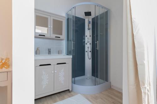ein Bad mit einer Dusche und einem Waschbecken in der Unterkunft La Voie Du Viaur in Tanus