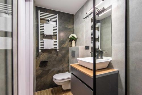 ein Bad mit einem Waschbecken und einem WC in der Unterkunft Apart Hotel New Line in Tbilisi City