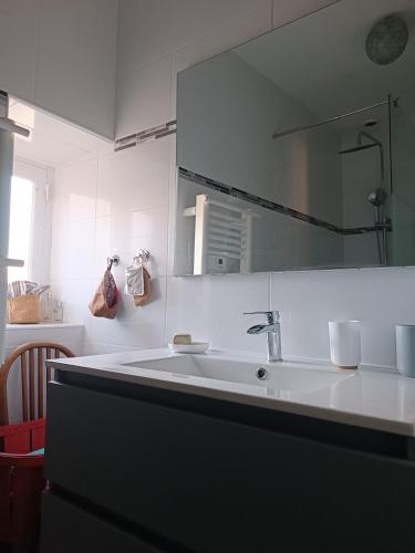 une salle de bain blanche avec un lavabo et un miroir dans l'établissement Chez Chacha, à Saint-Christophe-Vallon