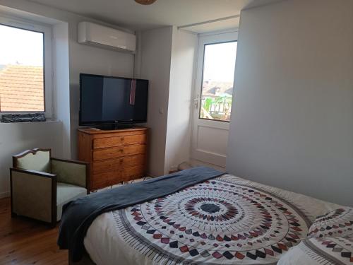 une chambre avec un lit et une télévision à écran plat dans l'établissement Chez Chacha, à Saint-Christophe-Vallon