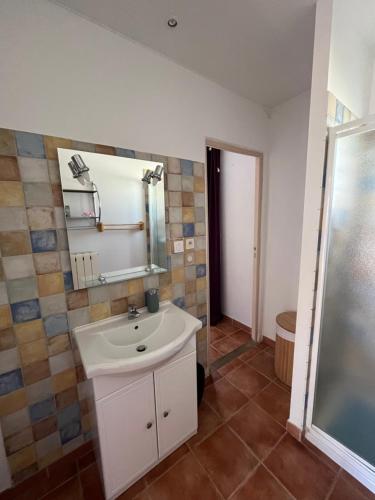 a bathroom with a white sink and a mirror at Location saisonnière en Provence in Rochefort-du-Gard