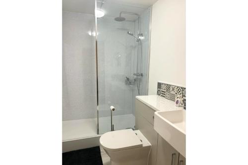 een witte badkamer met een toilet en een douche bij Harbour Haven - Central one-bedroom apartment in Weymouth with parking in Weymouth