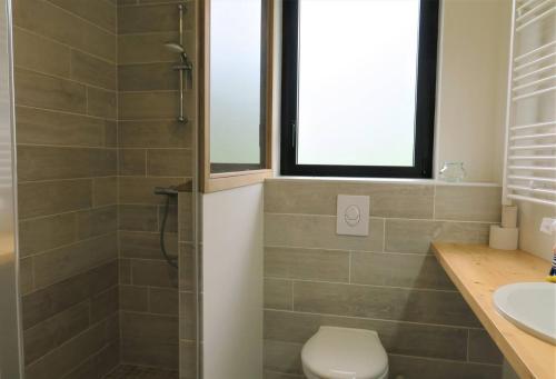 une salle de bain avec une douche, des toilettes et un lavabo dans l'établissement Maison de plain-pied avec WIFI, jardin, terrasse à PLEUMEUR - BODOU REF-457, à Pleumeur-Bodou