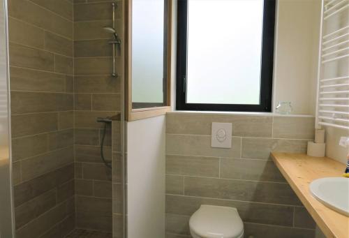 ein Bad mit einer Dusche, einem WC und einem Waschbecken in der Unterkunft Maison de plain-pied avec WIFI, jardin, terrasse à PLEUMEUR - BODOU REF-457 in Pleumeur-Bodou