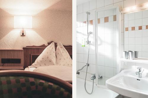 two pictures of a bathroom with a shower and a sink at B & B Feistererhof in Ramsau am Dachstein