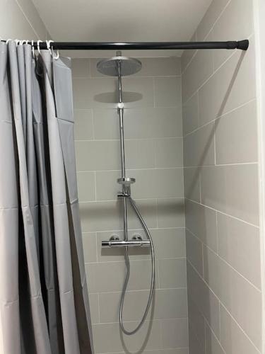 une douche avec un rideau de douche dans une salle de bain dans l'établissement Superbe T4 Spacieux et Lumineux IUT-Hôpital-Stade, à Lens