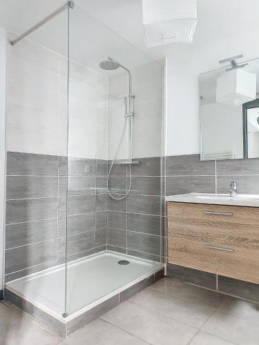 une salle de bain avec douche et lavabo dans l'établissement Le Barès, à Carcassonne