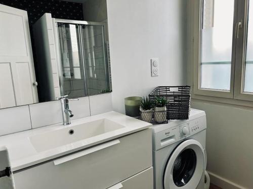 ein weißes Badezimmer mit einer Waschmaschine und einem Waschbecken in der Unterkunft Le Nid Vert, T2 cocooning à Rennes, proche gare in Rennes