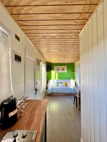 a bedroom with a bed with green walls at Tinyhouses Mirador del Lago in Puerto Varas