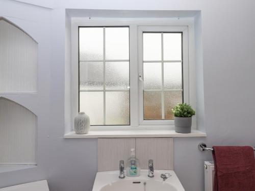 La salle de bains est pourvue d'un lavabo et d'une fenêtre. dans l'établissement Glebe Cottage, à Yelverton