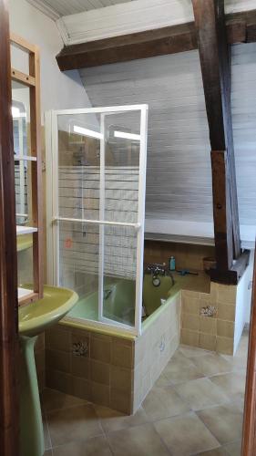 une salle de bain avec une baignoire verte et un lavabo dans l'établissement Appartement calme dans maison avec jardin, à Argelès-Gazost