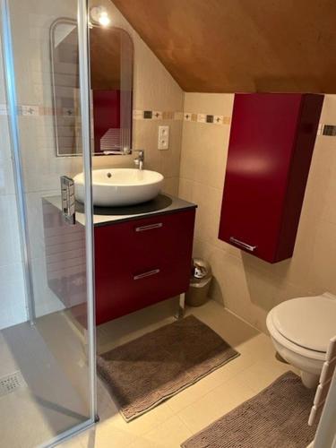 une salle de bain avec un lavabo et des toilettes dans l'établissement Gites aux deux Hameaux 2, à Saint-Pierre-Bois