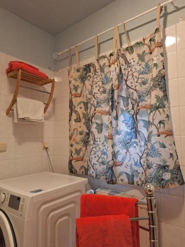 a bathroom with a washing machine and a shower curtain at Landhaus Dobbin in Dobbertin