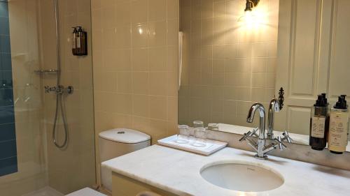 a bathroom with a sink and a shower and a toilet at Quinta do Burgo - Nature Hotel in Amares