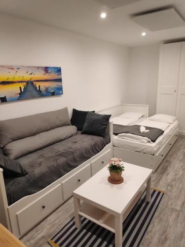 ein Wohnzimmer mit einem Sofa und einem Tisch in der Unterkunft NEU Renoviertes Modernes Studio im Zentrum in Wiener Neustadt