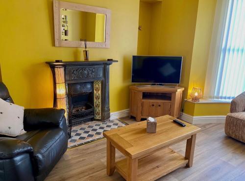 a living room with a fireplace and a television at Honey Cottage in Pembrokeshire