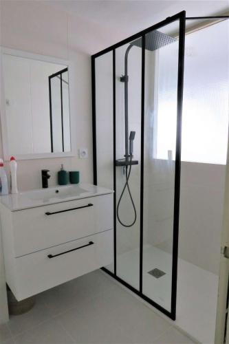 une salle de bain avec une douche en verre et un lavabo dans l'établissement Villa vue mer avec terrasse de 50m2 donnant sur la plage de Goas Treiz à TREBEURDEN Ref-674, à Trébeurden