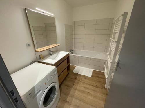 ein Badezimmer mit einem Waschbecken und einer Waschmaschine in der Unterkunft APPARTEMENT T3 hyper centre numéro 002 in Roanne