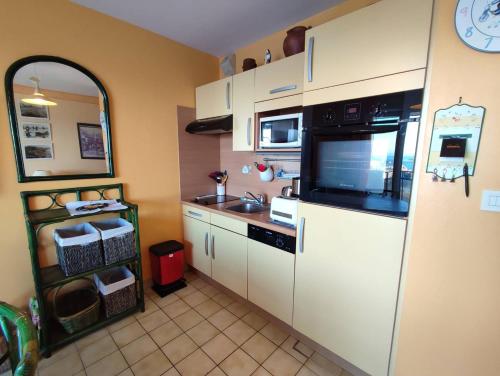 une petite cuisine avec un évier et un micro-ondes dans l'établissement Appartement VUE MER EXCEPTIONNELLE plage du Coz-Pors à TREGASTEL - Ref 721, à Trégastel