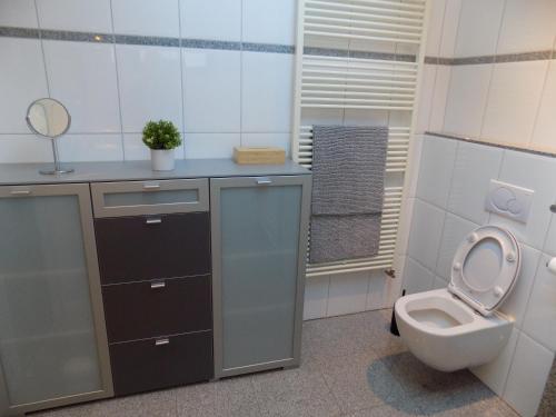 a bathroom with a toilet and a sink with a mirror at Vakantiewoning Hartje Maaseik in Maaseik