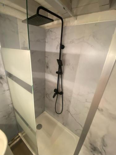 une douche avec une porte vitrée dans une salle de bain dans l'établissement Location vacance vue mer 4 à 6 personnes, à Cavalaire-sur-Mer