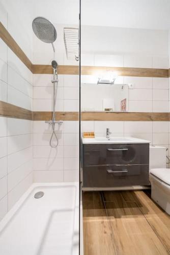 une salle de bain avec une douche, un lavabo et des toilettes dans l'établissement La Panacée, Charmant T3, Centre Historique, à Montpellier